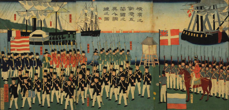 Utagawa Yoshitora Figurative Print - Foreign Soldiers from Five Countries at the Port of Yokohama