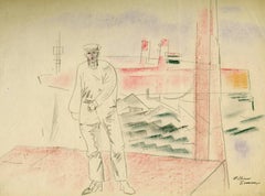 Untitled (Sailor, boats, dock, and waves)