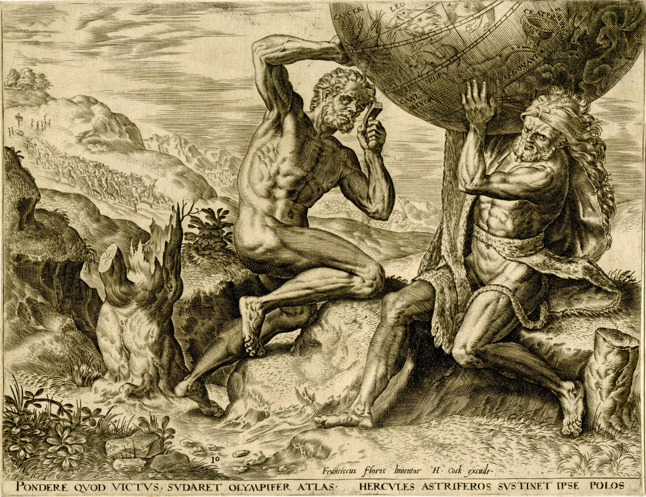 Cornelis Cort Figurative Print - Hercules Supports the World on behalf of Atlas
