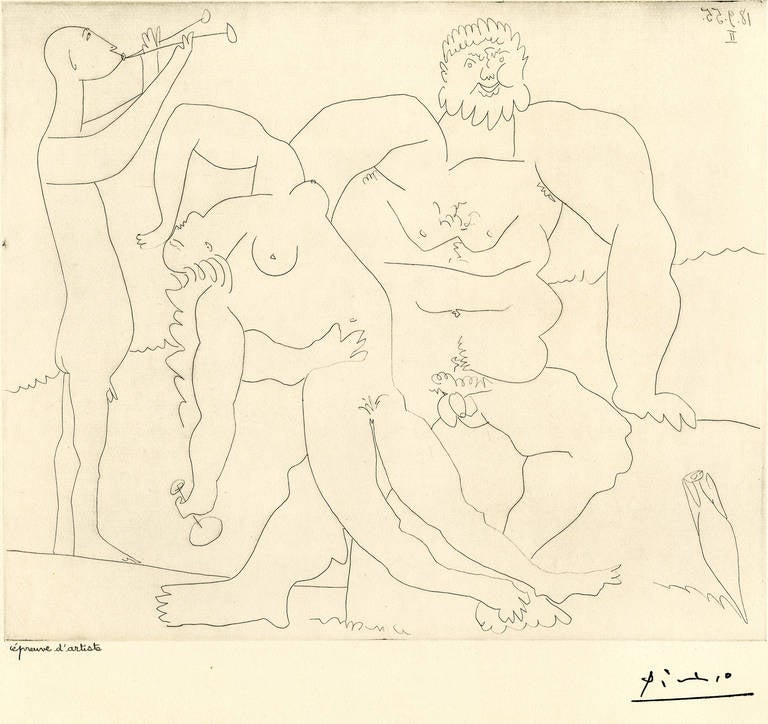 Pablo Picasso Nude Print - Homme nu avec femme ivre et jeune flutiste