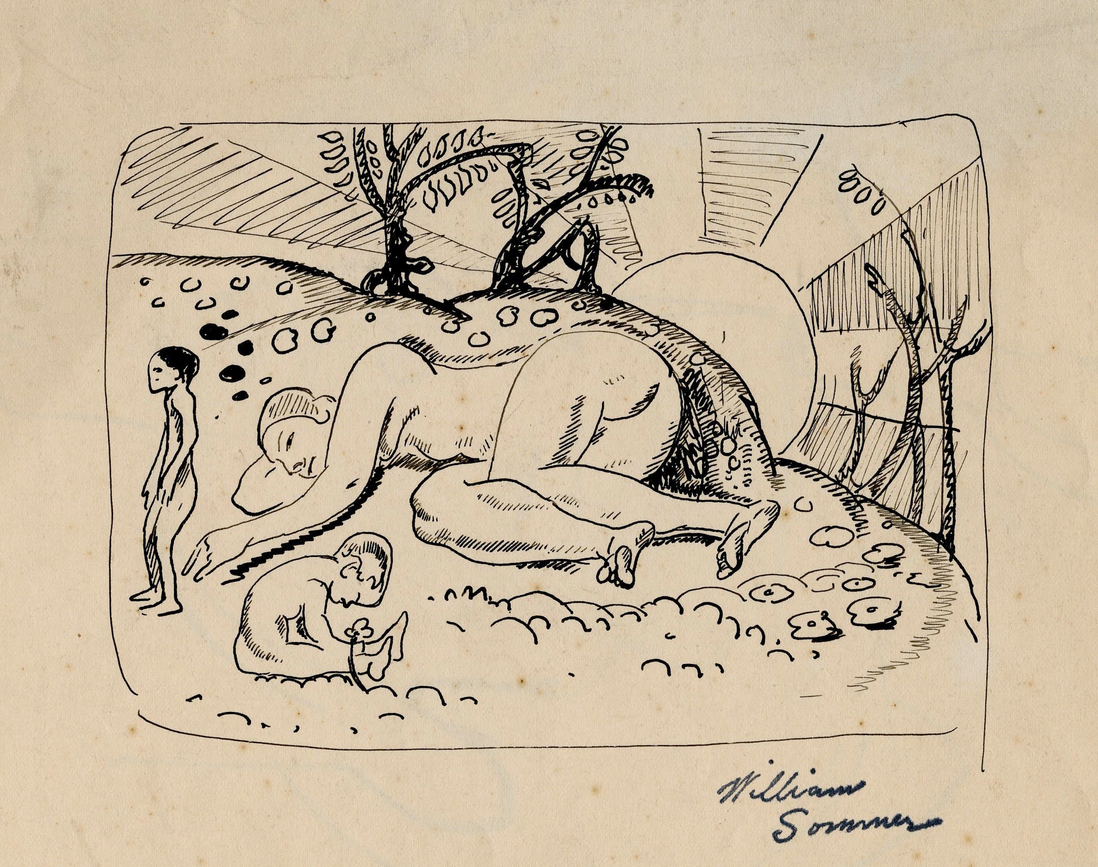 William Sommer (1867-1949)
untitled (Sunrise with Figures)
Pen and ink on watermarked Otis Litho, Cleveland, paper, c. 1925
Signed with the Estate Stamp B
Related Works
Several works provide useful points of comparison:
Adam and Eve, c. 1915, in