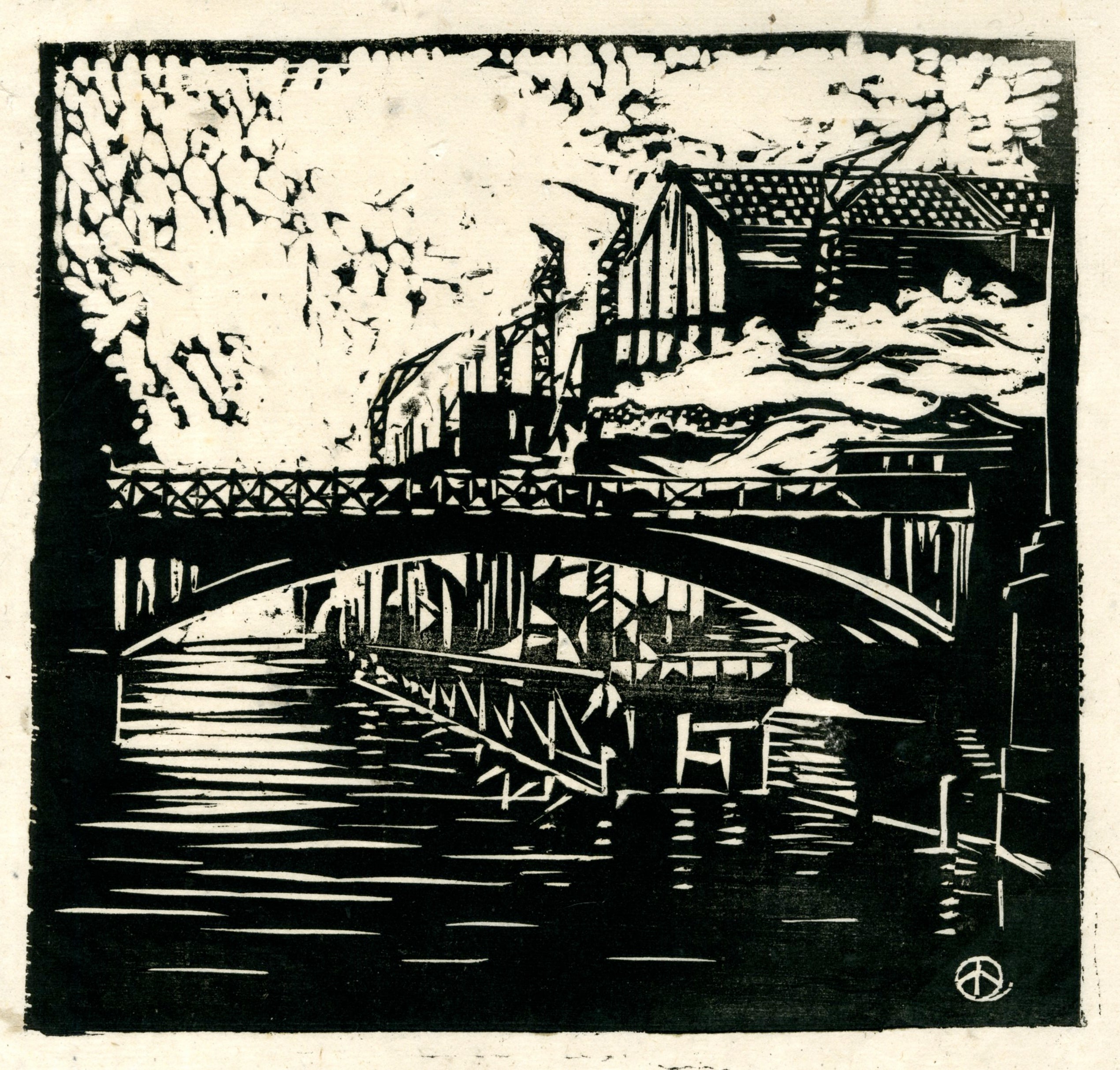 Werner Drewes (1899-1985)
Berlin Elevated
Linocut on Japanese paper, 1919
Unsigned
Provnenance: Gift of the artist
       Bauhaus Art Professor
       Jorg Maass Kunsthandel, Berlin
Reference: Rose 13, ful page illustration in the catalog