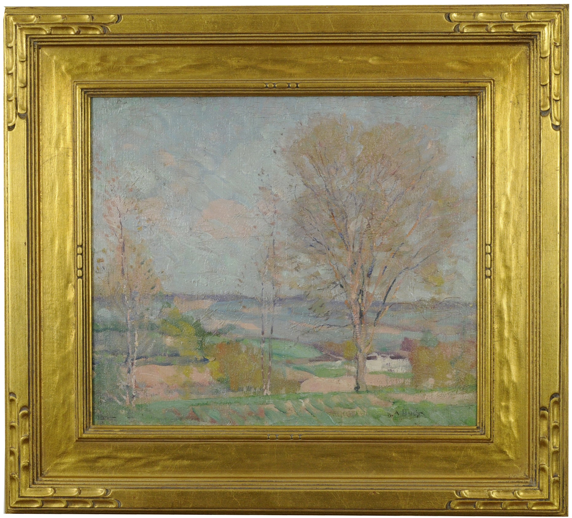 Karl Albert Beuhr (1866–1952)
Landschaft von Giverny
Öl auf unterlegtem Leinwand, um 1912
Signiert unten rechts: K. A. Buehr
Zustand: Leinwand zur Verstärkung neu aufgezogen
Bildgröße: 13 1/4 x 15 3/8 Zoll
Rahmengröße: 19 5/8 x 21 7/8 Zoll
Herkunft: