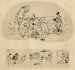 Kuniyoshi sumi-e drawing, 1840's, figure studies with animal