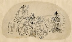 Kuniyoshi sumi-e drawing, 1840's, figure studies with animal