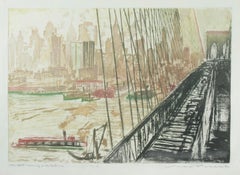 Pont de Brooklyn, East River, New York, coucher de soleil, Max Pollak, 1929