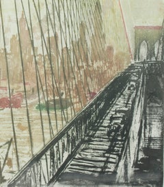 Pont de Brooklyn, East River, New York, coucher de soleil, Max Pollak, 1929