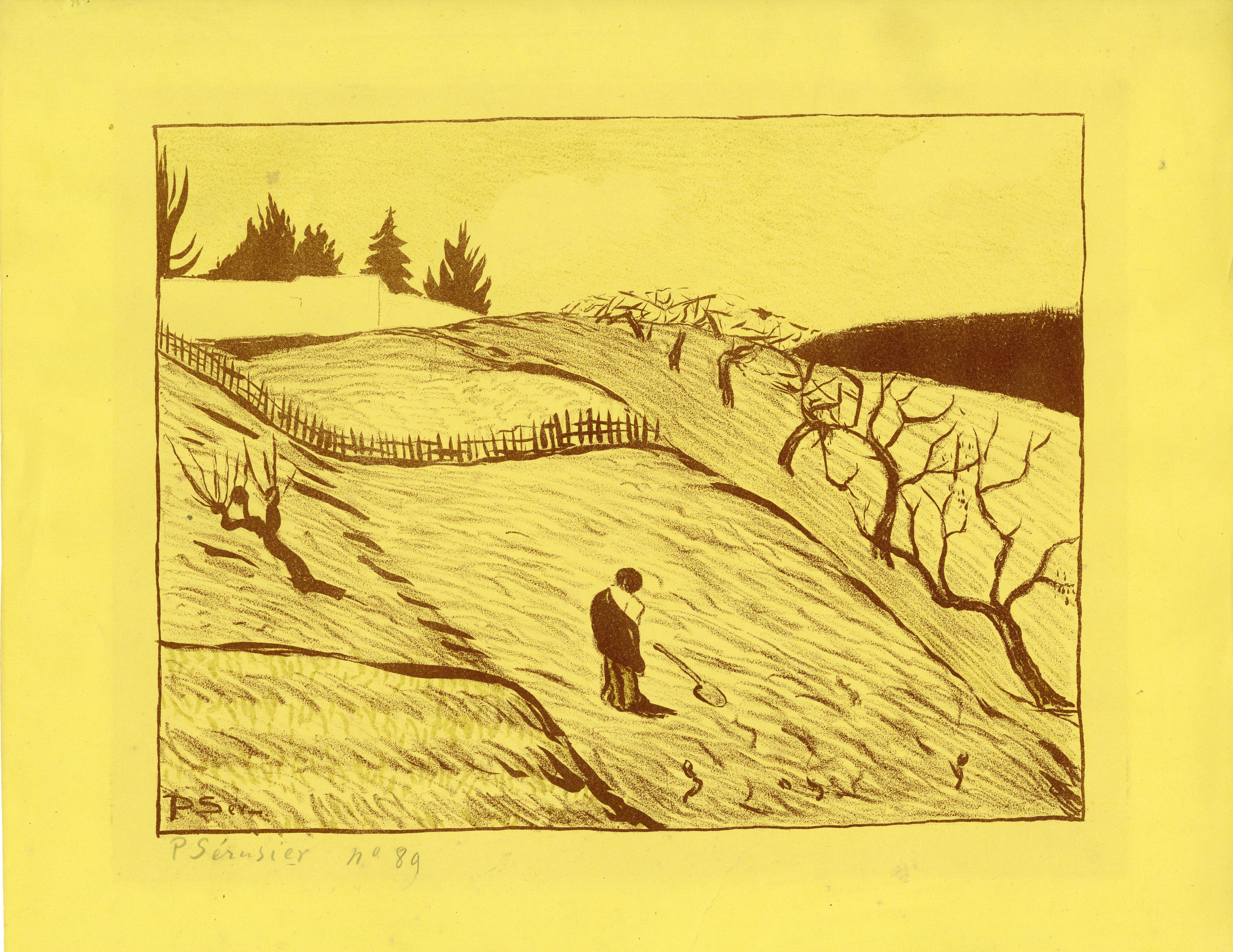 Paul Serrusier (1864-1927)
La Fin Du Jour (The End of the Day)
Color lithograph printed on canary yellow paper, 1893
Signed and numbered  in pencil lower left (see photo)
Edition 100, annotated "No. 89" in pencil
As publsihed in L'Estampe Originale,
