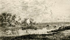 Barbizon School etching, Siene River scene, Charles Francois Daubigny, 1876