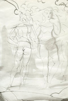 Reginald Marsh, Three Female Figures, pen and ink, 1948-1951, authenticated