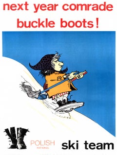 Stiefel mit Schnallen! Historisches Plakat der polnischen Ski-Nationalmannschaft – 1968 Mit Leinen unterlegt