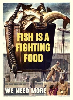 1943 Henry Koerner "Fish Is A Fighting Food" Vintage Poster - WWII - on linen