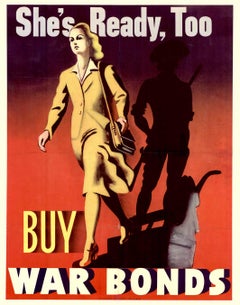"She's Ready, Too. Buy War Bonds" Vintage Poster – Original WWII, Linen-backed