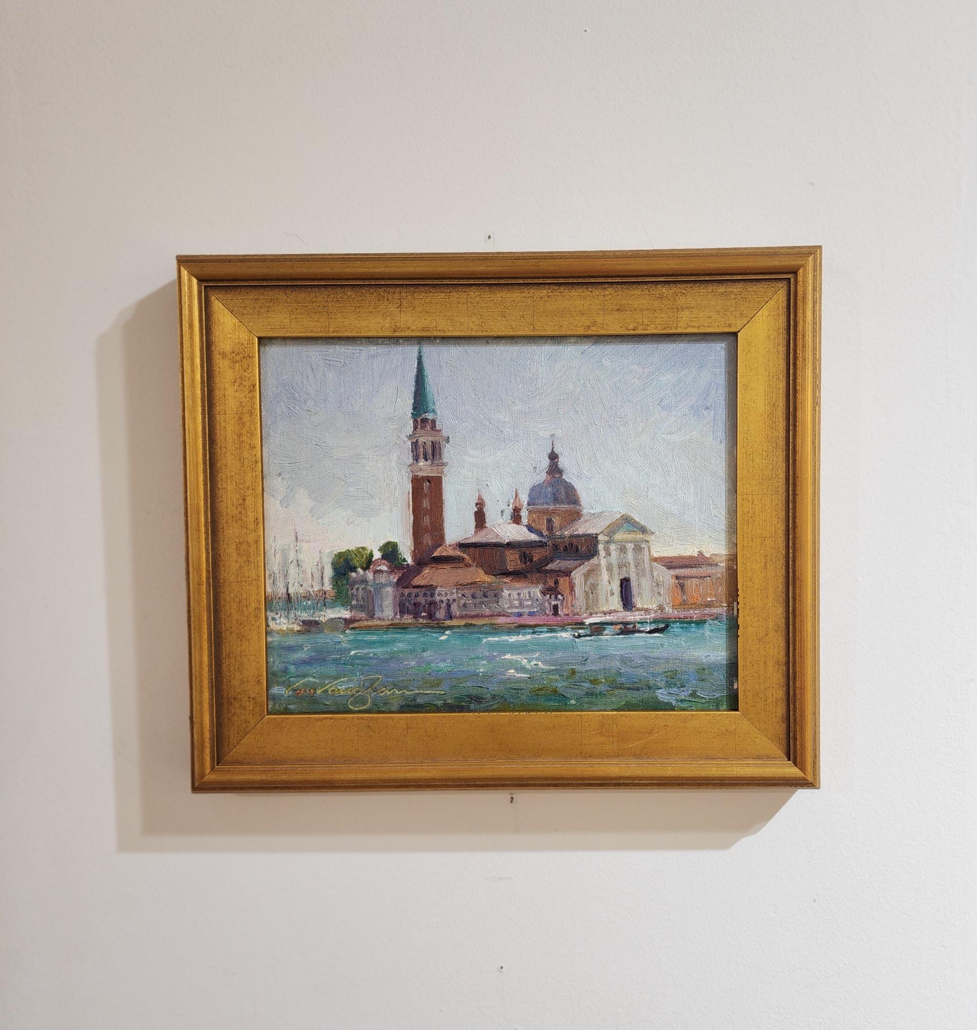 Landscape Painting di Virginia Vaughan  - San Giorgio Maggiore,  Impressionismo , Paesaggio, Cornice, Plein Aire, Italia