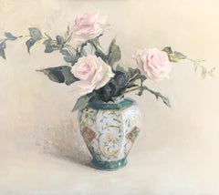 Rosen in einer Porzellanvase, 20" x 24", Öl auf Kupfer, Blumenmotiv, Florenz-Rosa, Realismus