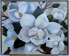 Magnolien in blauem, gebürstetem Silber – schwebender Rahmen – Ölgemälde mit Blumenmotiv