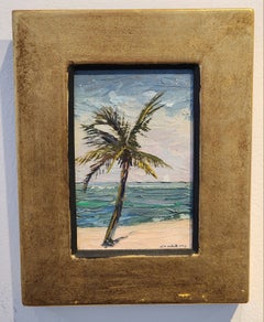 Cable Beach, Nassau : palmiers, style impressionniste, 6" x 4", encadré