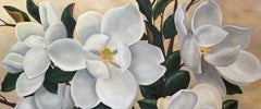 Peinture à l'huile « Magnolias in the Garden », 48" x 60" – Art floral réaliste