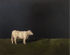 „Nachdenken in der Nacht“, realistische Ölmalerei, 20 x 16 (Querformat, Rinder)