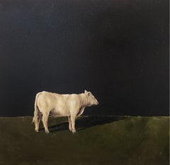 „Nachdenken in der Nacht“, realistische Ölmalerei, 20 x 16 (Querformat, Rinder)