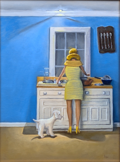 Vaisselle, réalisme, huile, miniature, scène d'intérieur, encadrée, peinte d'après nature, encadrée