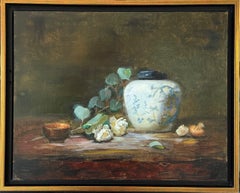 Blue-and-White Ginger Jar with Blossoms Realism Oil Painting Framed 11" x 14"