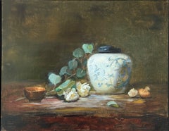 Blue-and-White Ginger Jar with Blossoms Realism Oil Painting Framed 11" x 14"