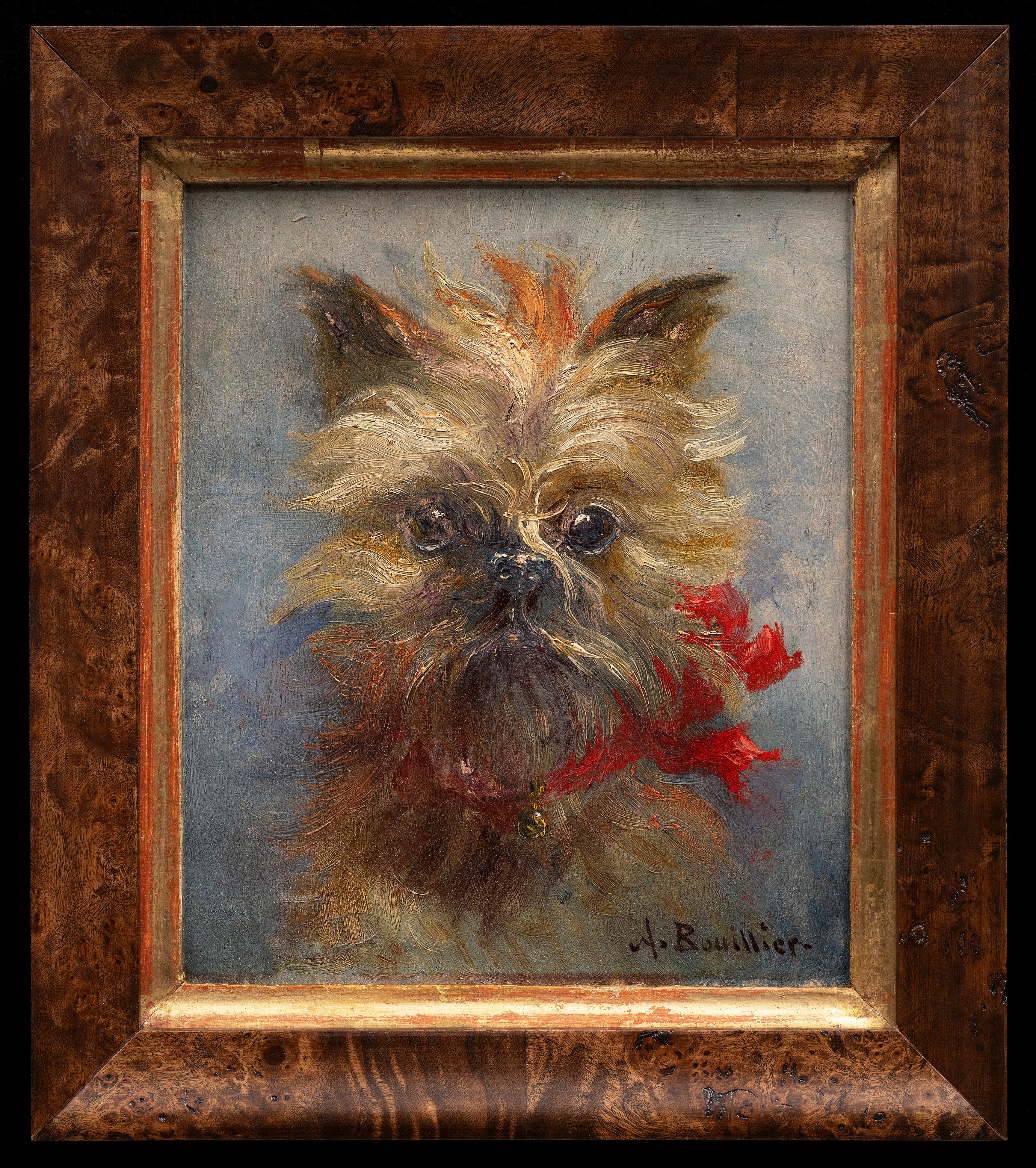 "Portrait of a Yorkshire Terrier with a Red Bow"
Amable Bouillier (French, 1867-1940)
Oil on wood panel
Signed to lower right
9 3/4 x 8 2/3 ( 12 7/8 x 11 3/8 frame) inches. 

Though there's little biographical information known about "Miss Amable