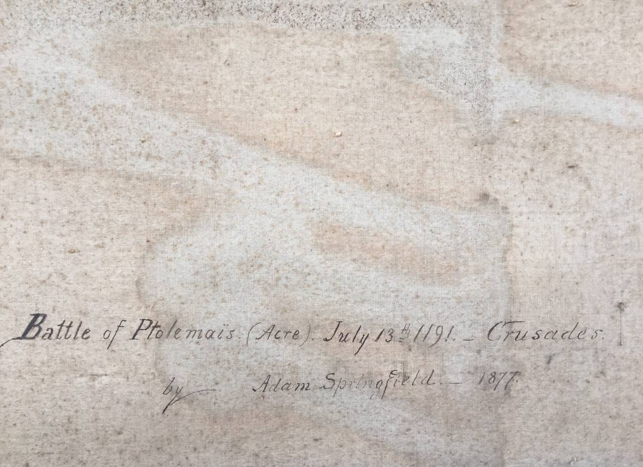 Questo grande dipinto a olio su tela di Adam Springfield raffigura la Battaglia di Tolemaide che ebbe luogo nel 1191. È firmato in basso a sinistra e datato 1877. Il verso del dipinto contiene il titolo del quadro.  Ha la sua cornice d'epoca