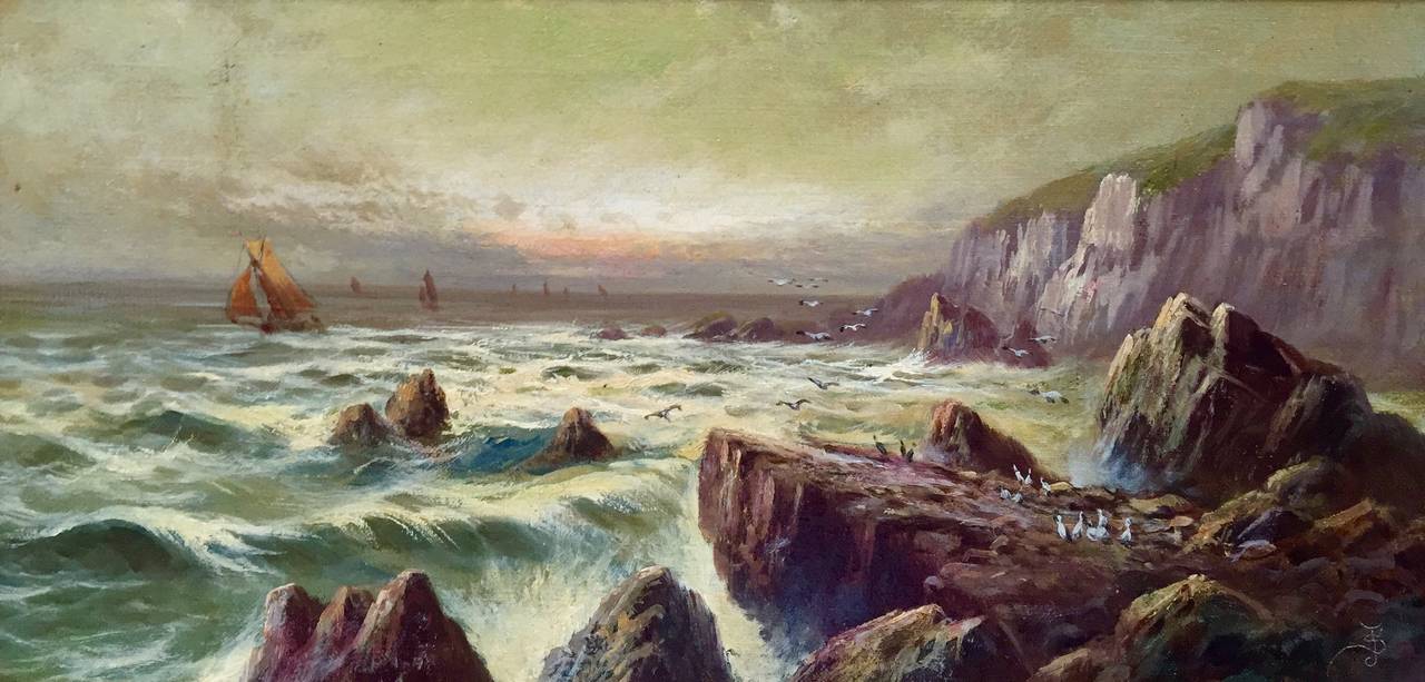 Sidney Yates Johnson Landscape Painting - "Sailboats off the Rocky Coast"
