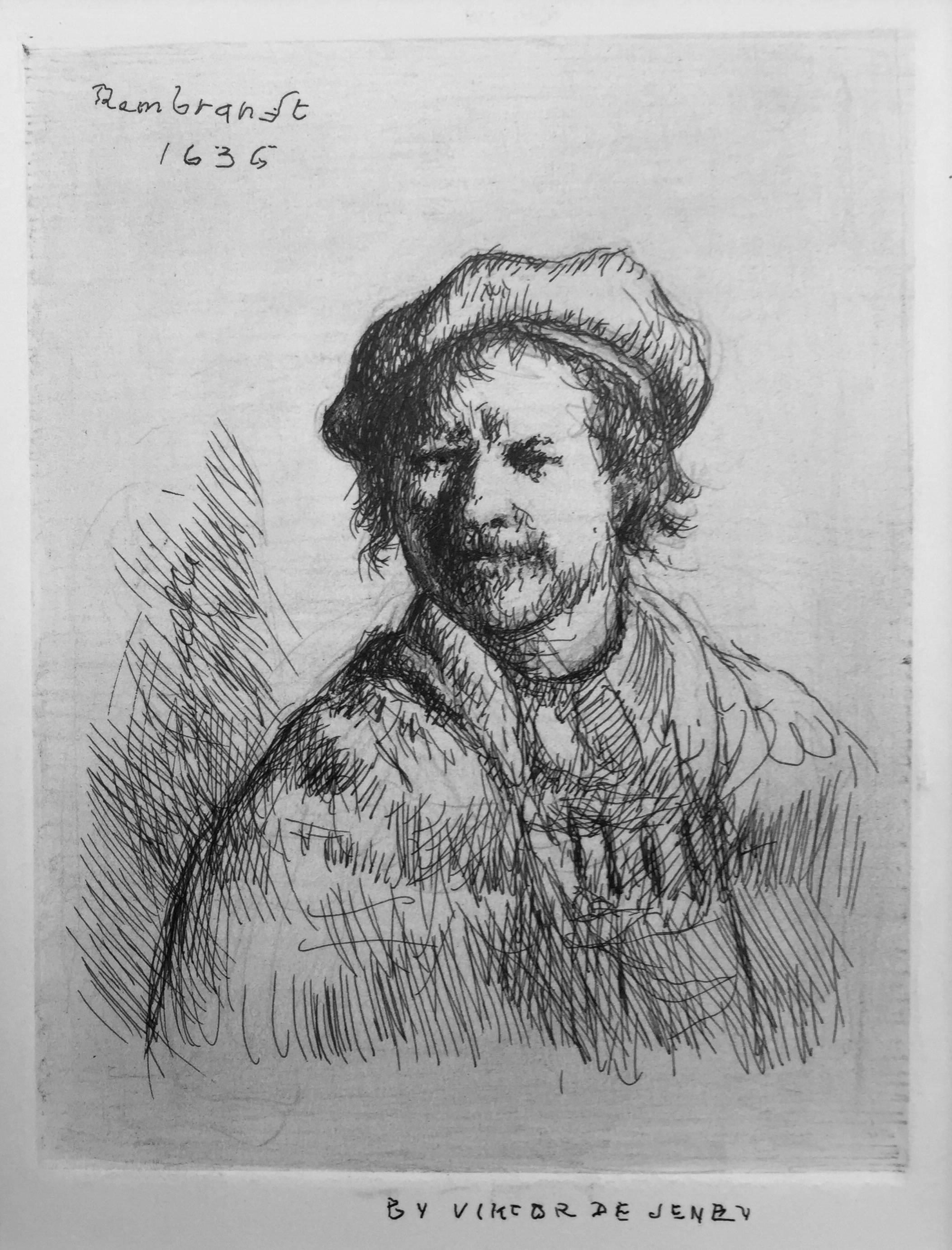 Viktor de Jeney Portrait Print - "Rembrandt Self Portrait, 1636"