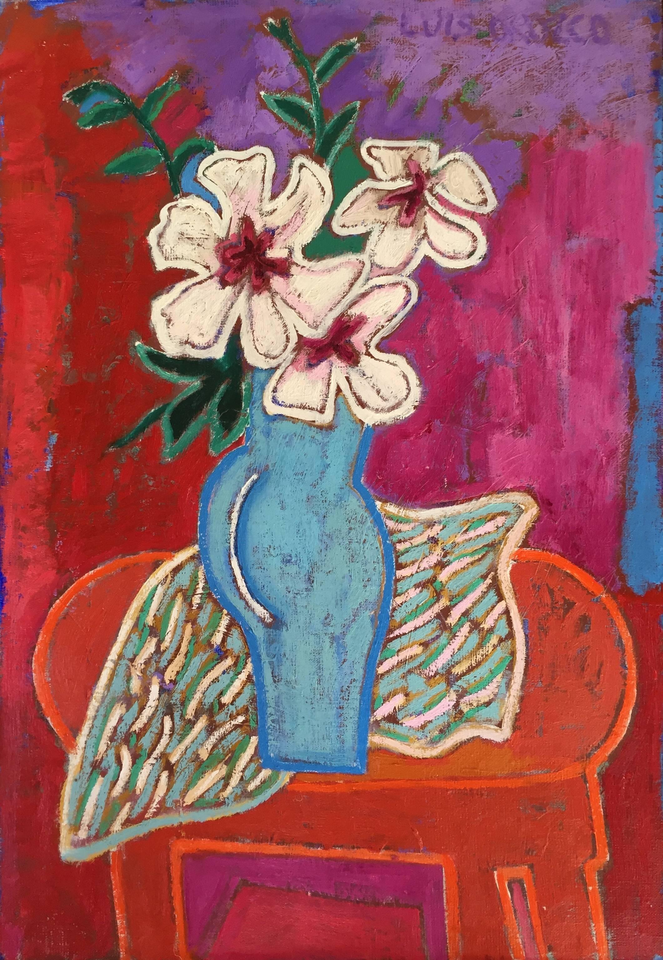 Luis Orozco Still-Life Painting - "White Hibiscus in Blue Vase"