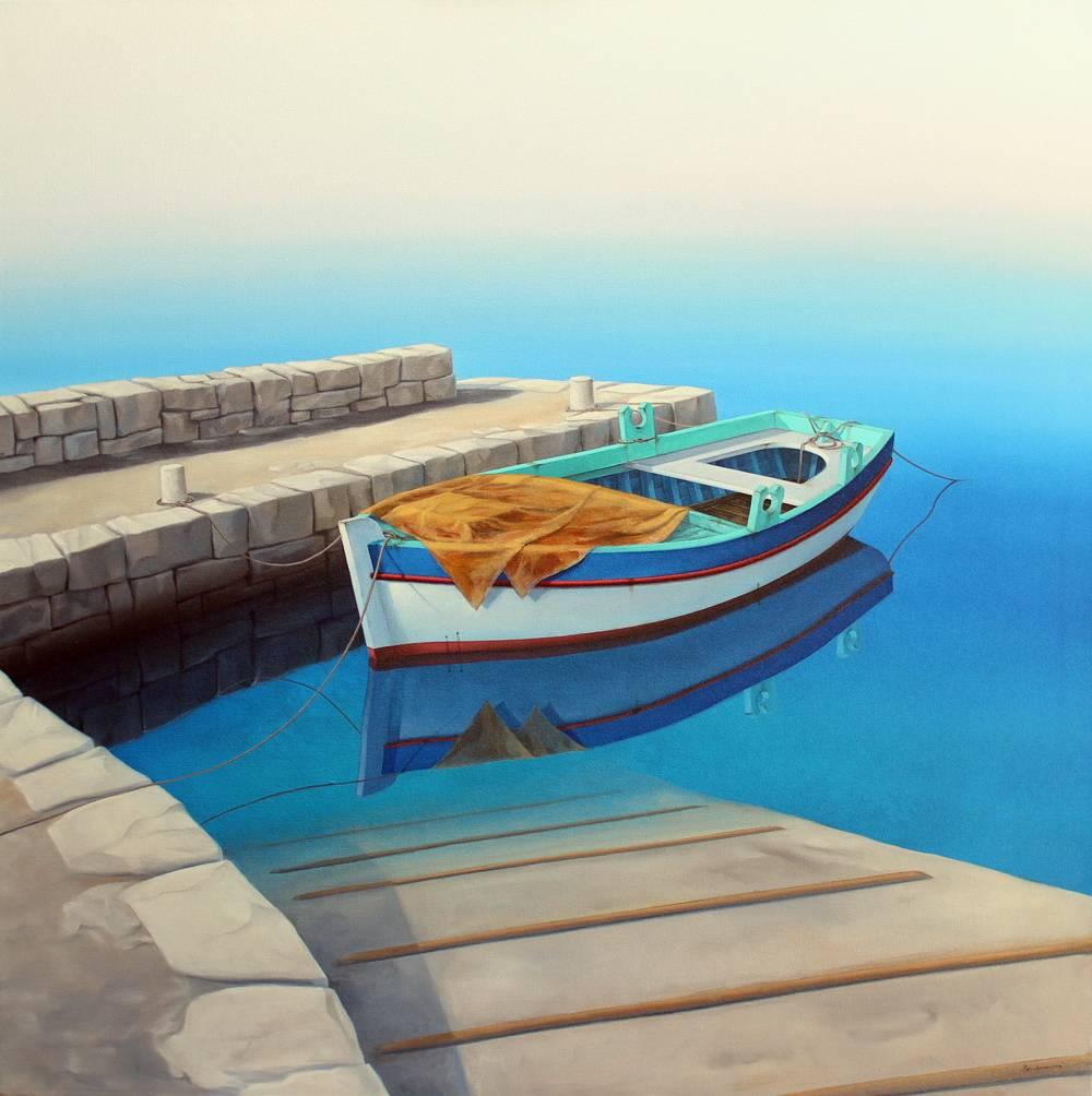 Rinaldo Skalamera Landscape Painting - "Along the Pier"