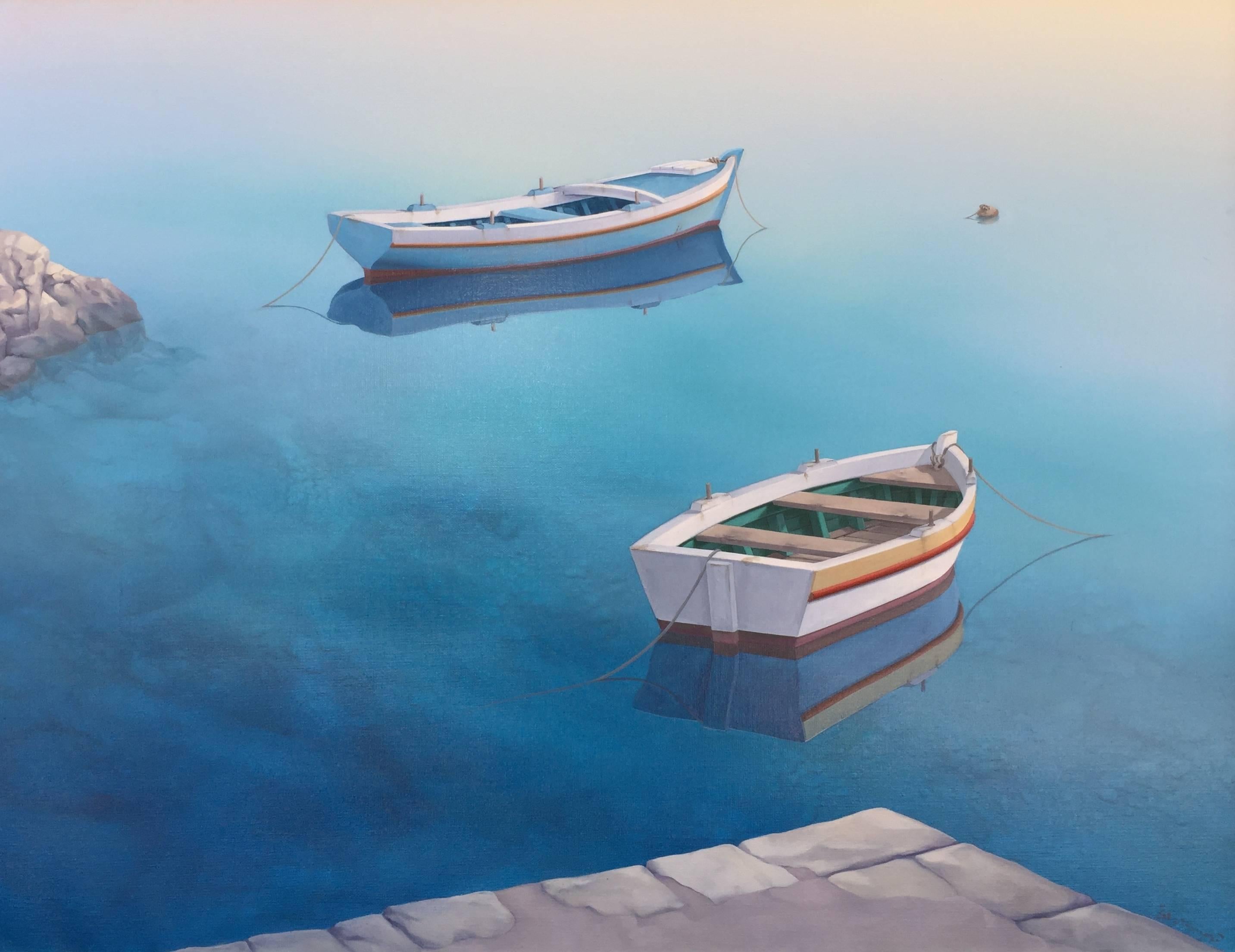 Rinaldo Skalamera Landscape Painting - "By the Dock of the Bay"
