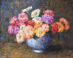 "Zinnias in a Blue Vase"