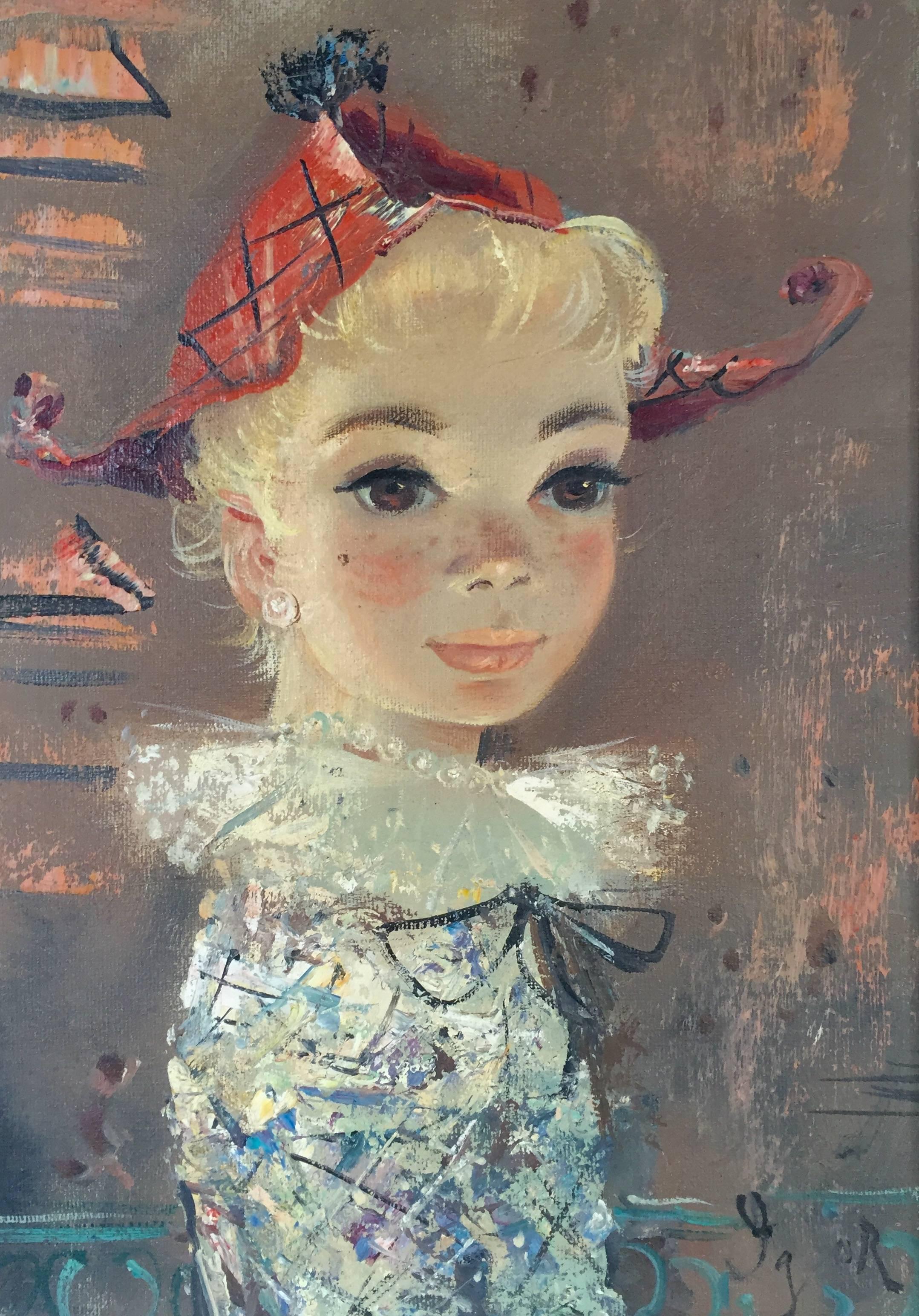 Igor Pantuhoff Figurative Painting - "Girl in Red Plaid Hat"