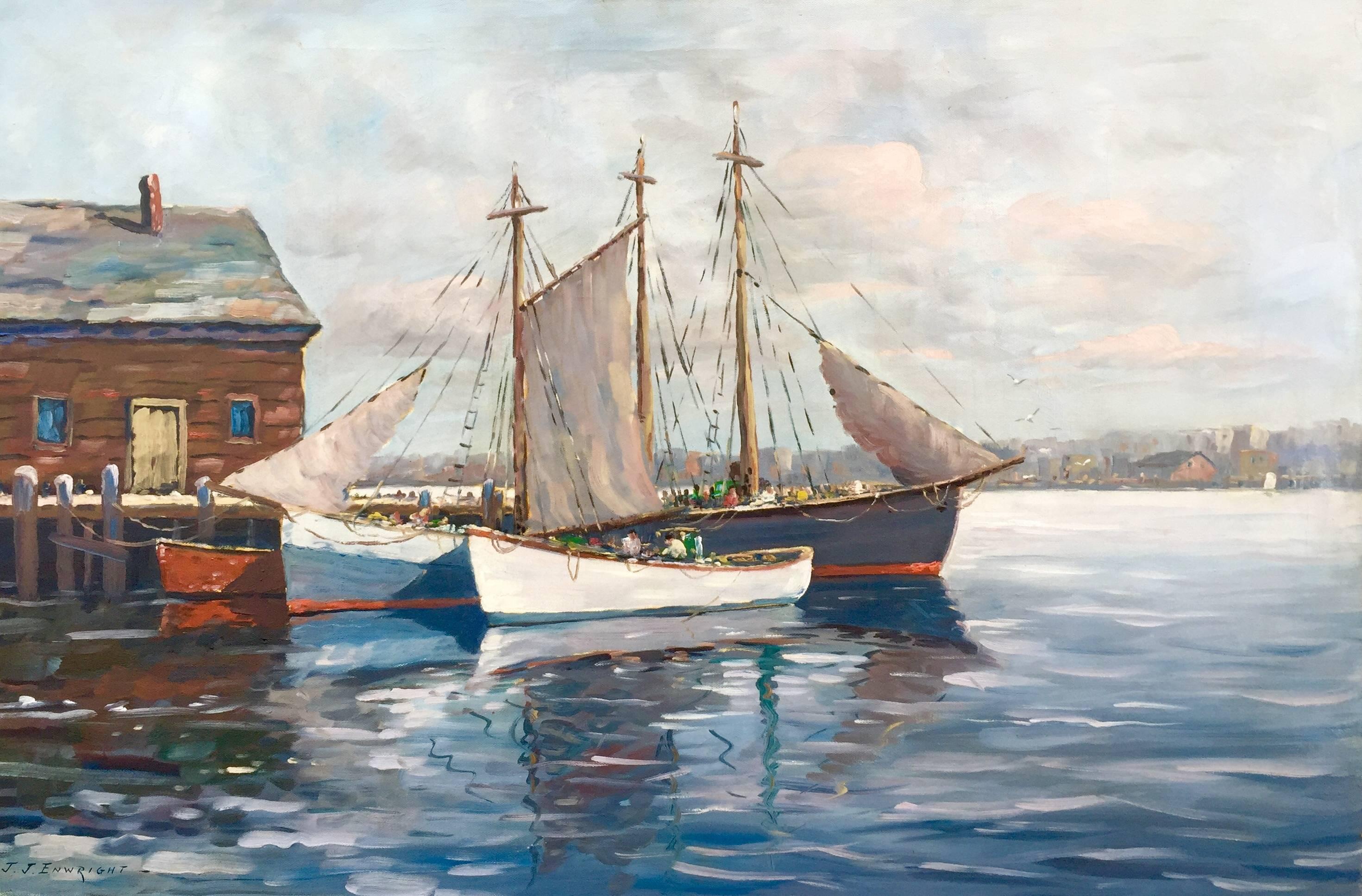 C. Hjalmar Amundsen Landscape Painting - "Fishing Boats in Port"