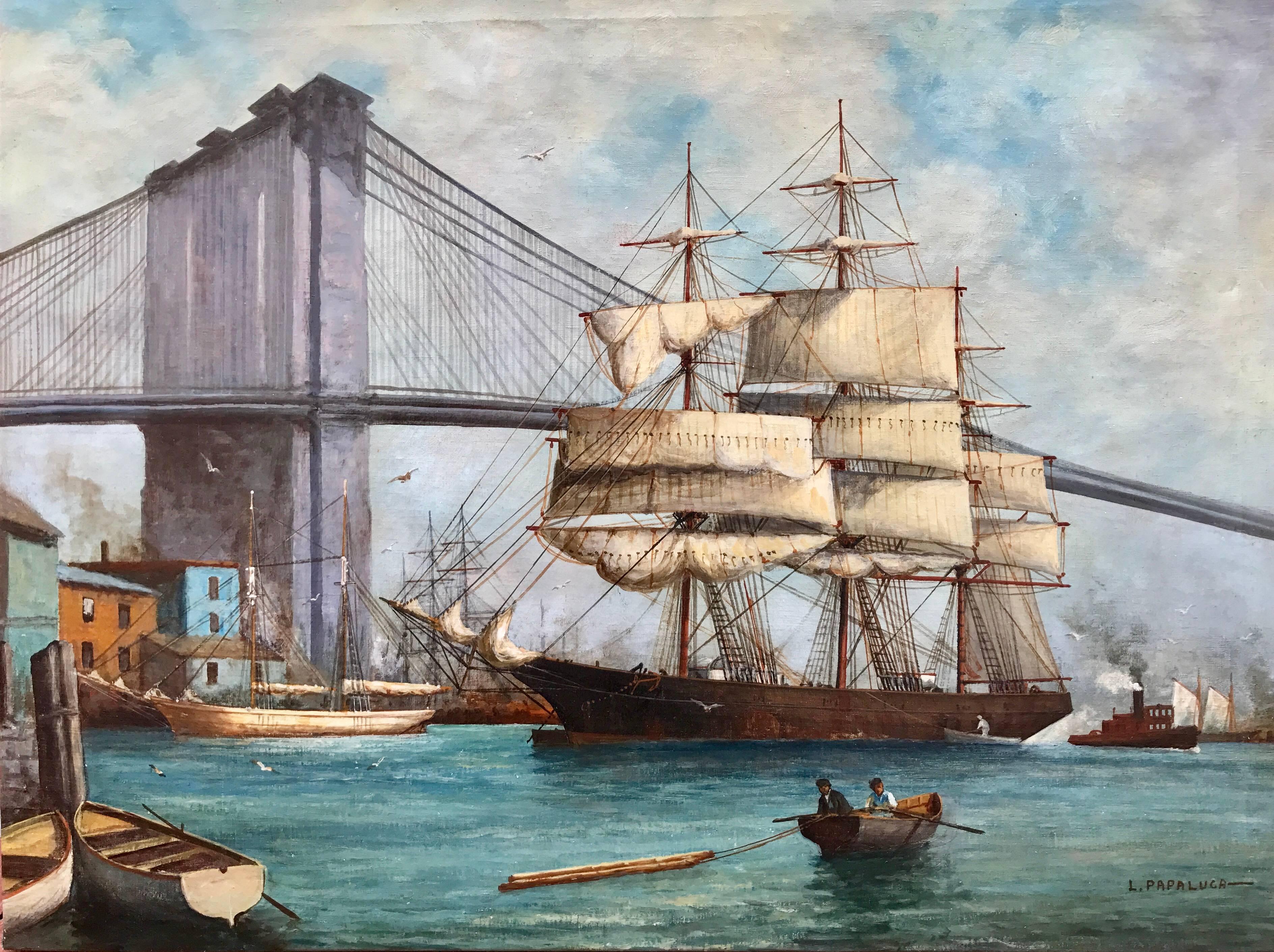 Louis Papulaca the Younger Landscape Painting - "Tall Ship, Brooklyn Bridge"