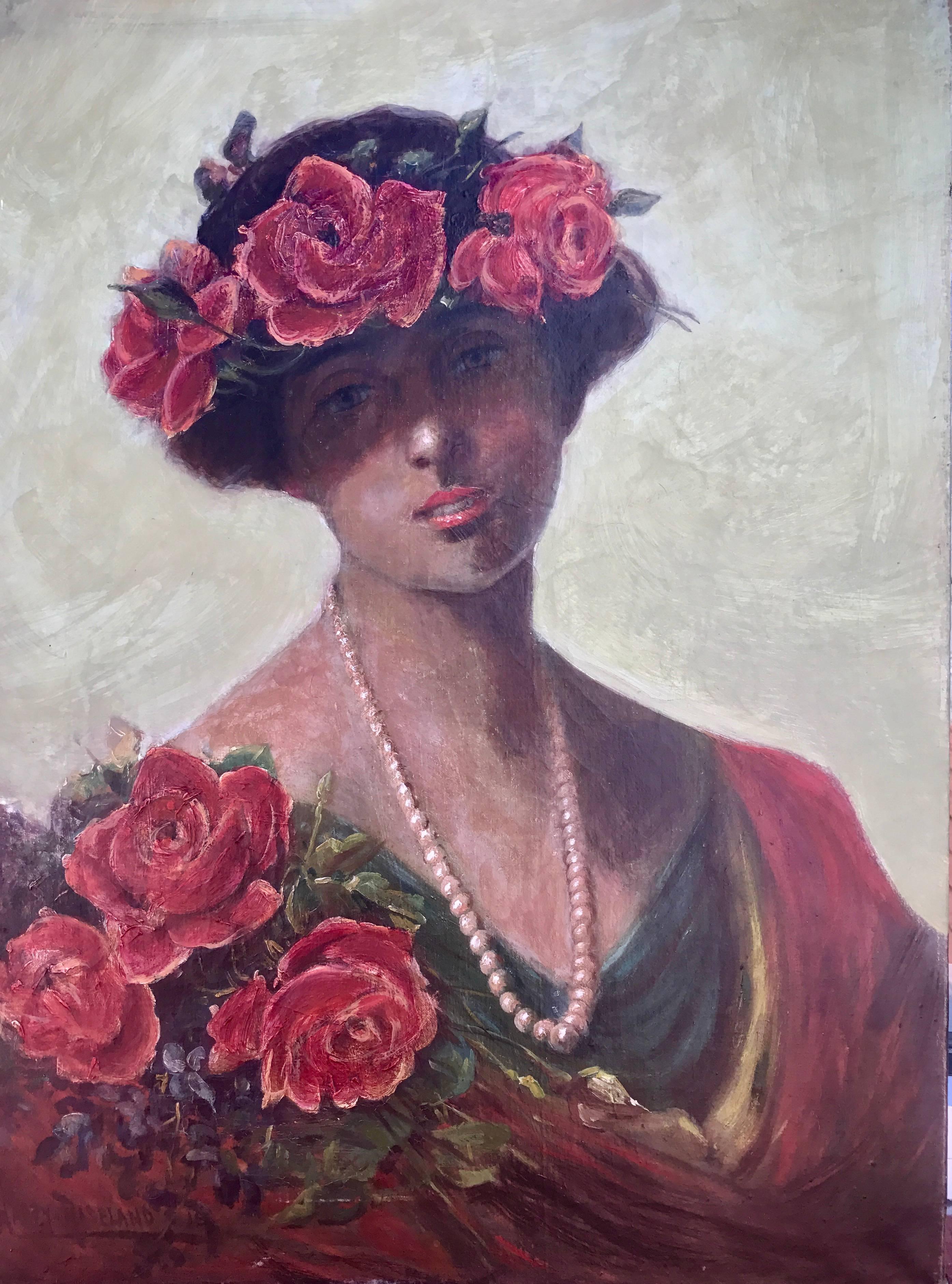 Harry Herman Roseland Portrait Painting - "Beauty with Red Roses"