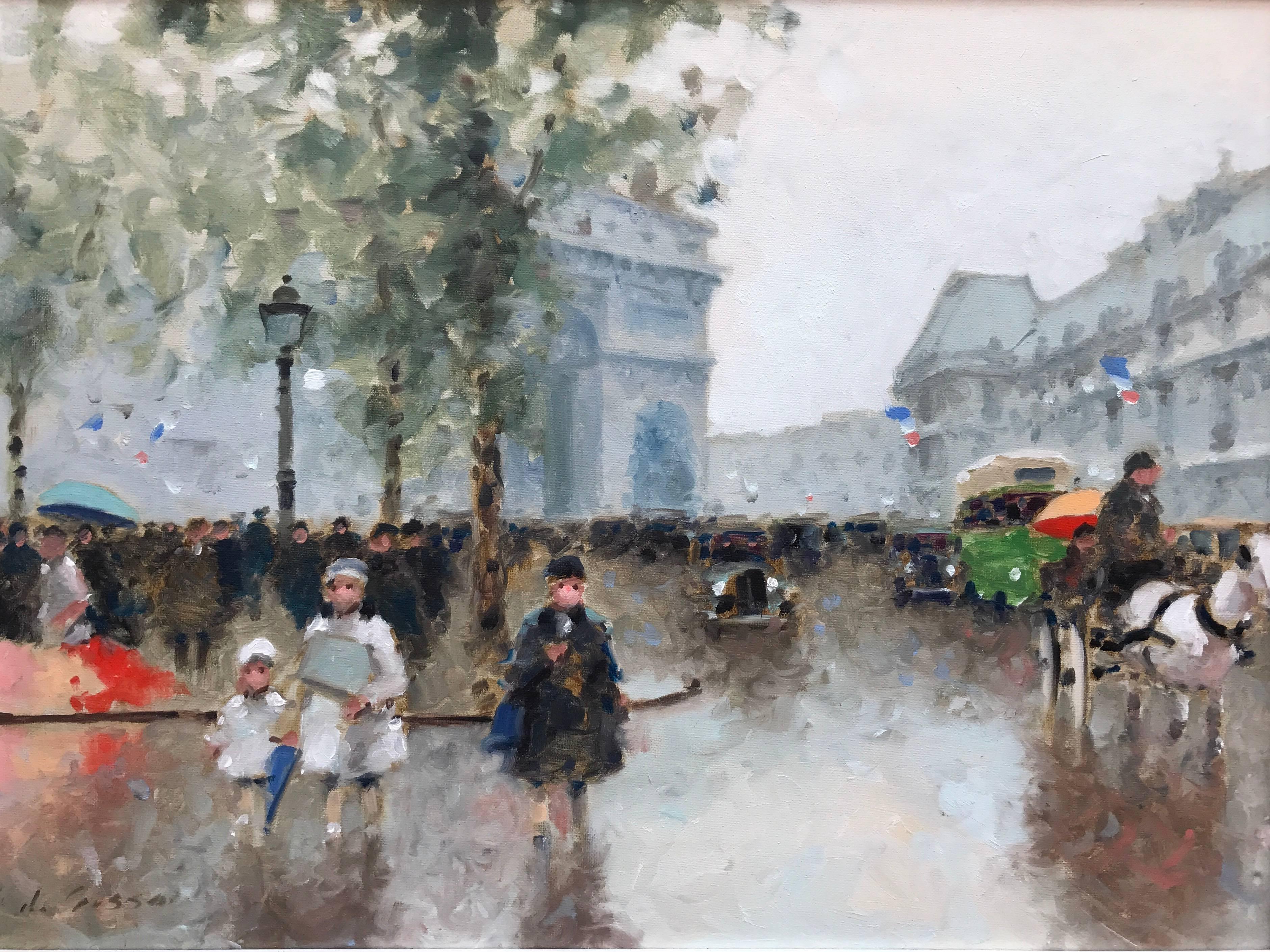 André Gisson Figurative Painting - "Strolling Arc de Triomphe"