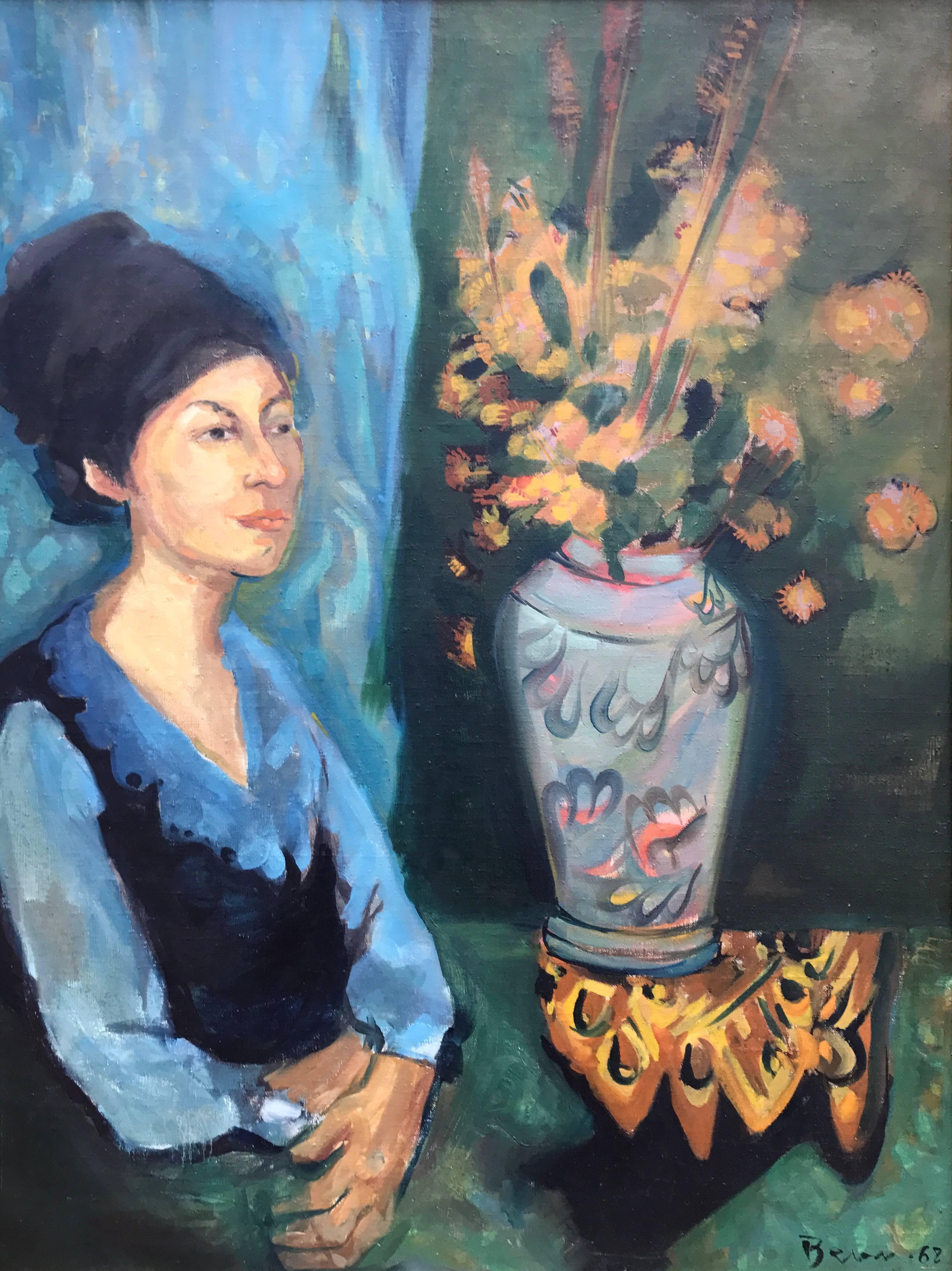 Ben Benn Figurative Painting - "Woman with Flowers"