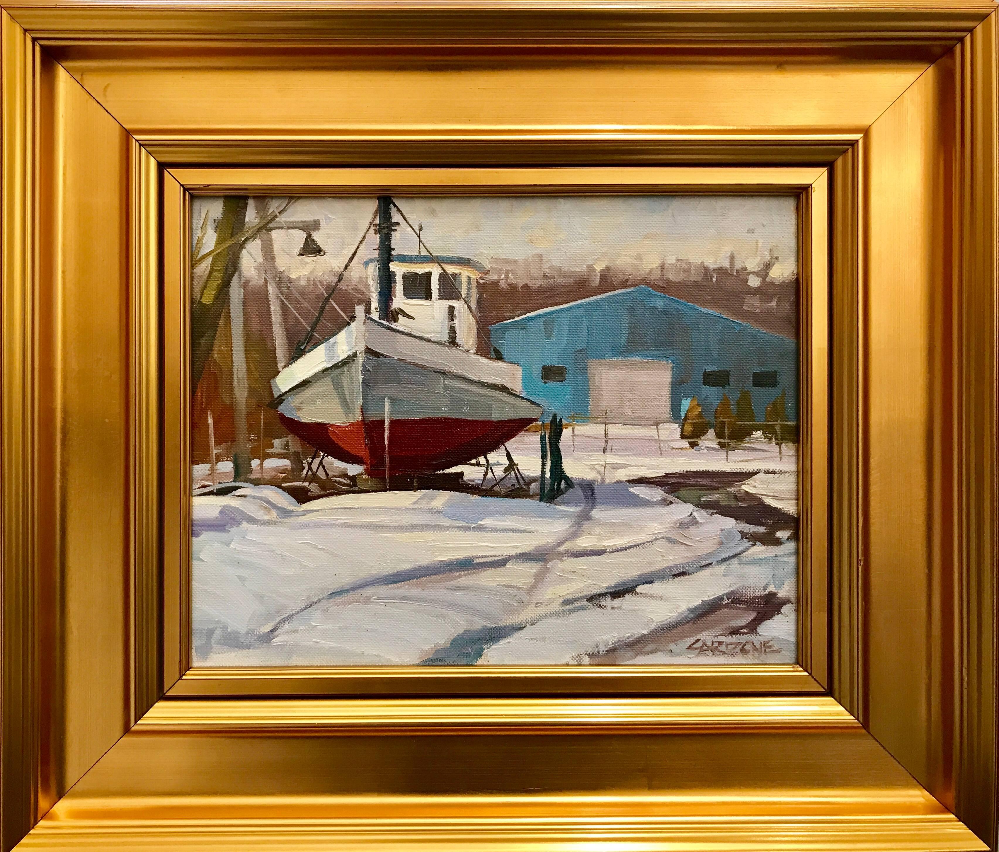 Peinture à l'huile sur carton d'un chantier naval en hiver à Oyster Bay, Long Island. Signé en bas à droite. Signé, titré et daté 2010 au verso.  Encadré dans un cadre à la feuille d'or personnalisé de 19 x 22 pouces.

Biographie de l'artiste
Thomas