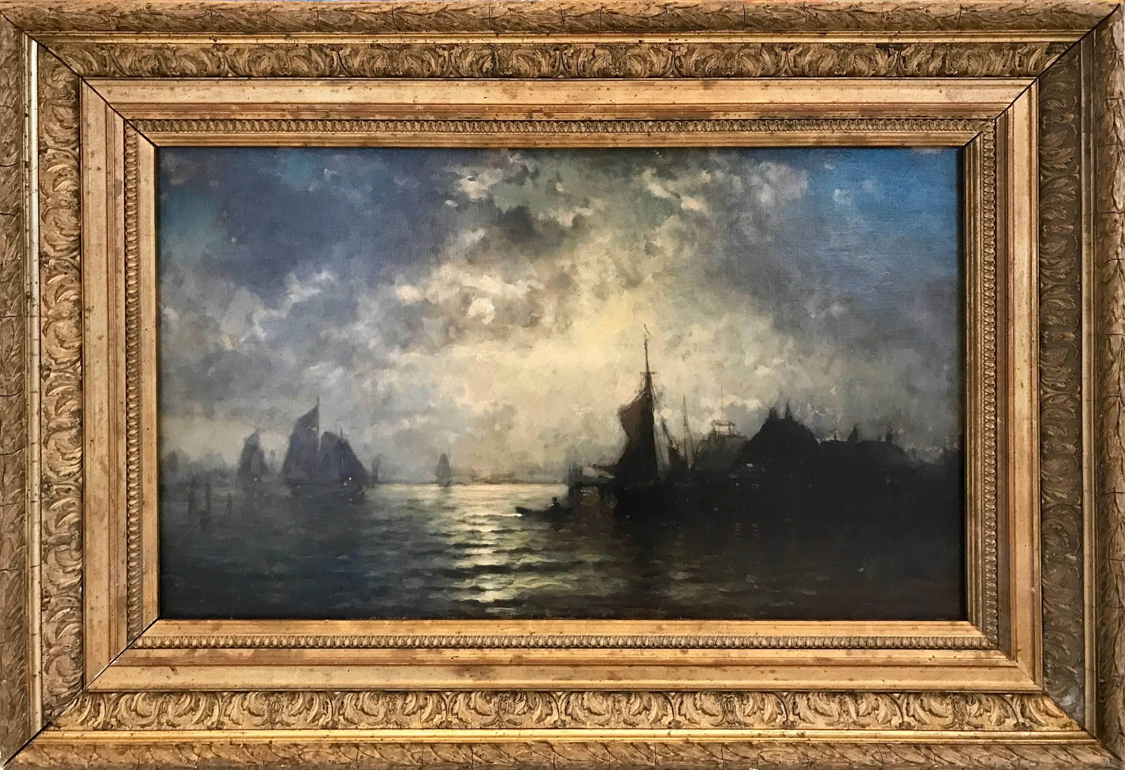 George McCord Landscape Painting - "Harbor in Full Moon"