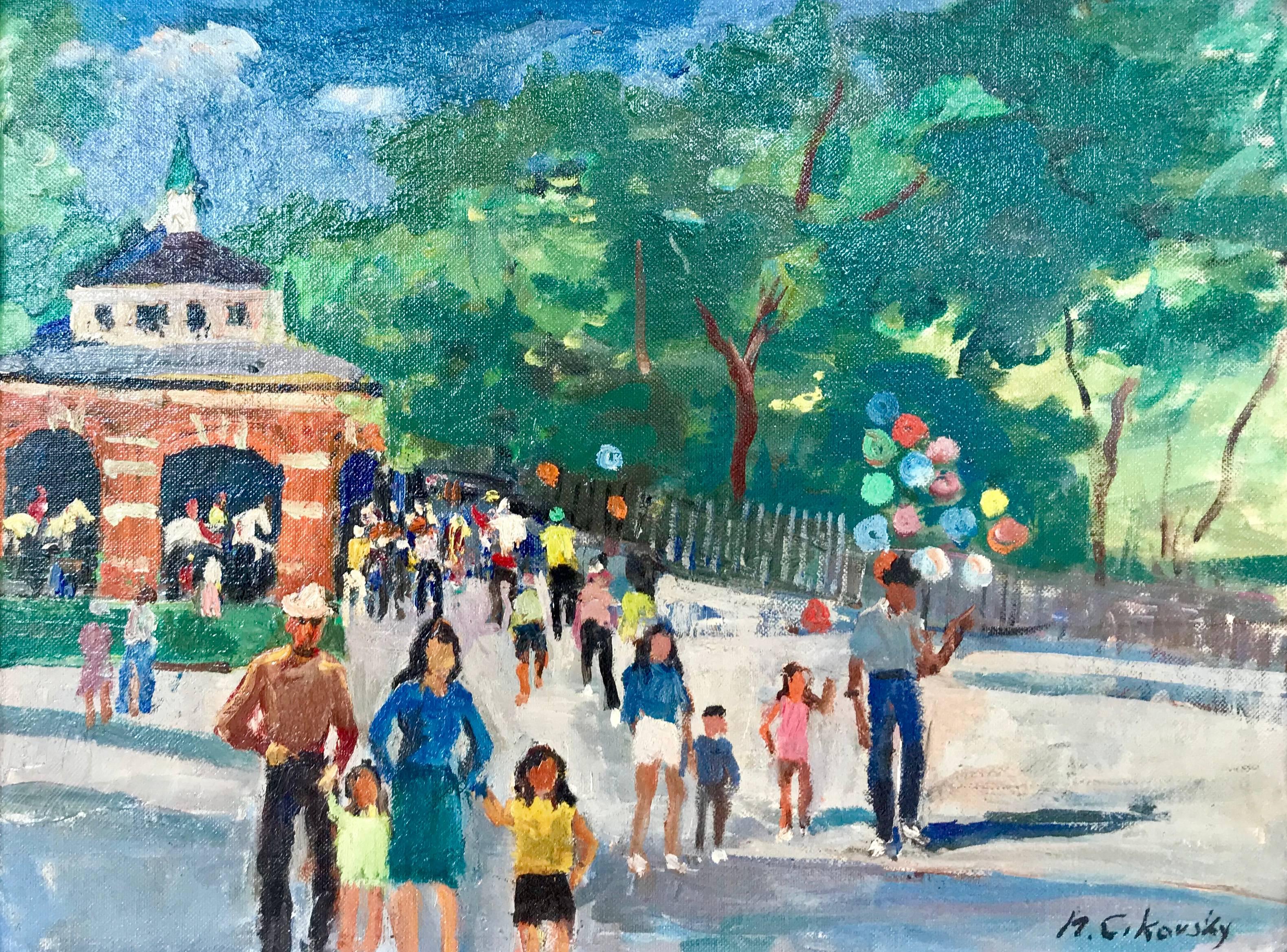 “Carousel in Central Park” - Brown Figurative Painting by Nicolai Cikovsky