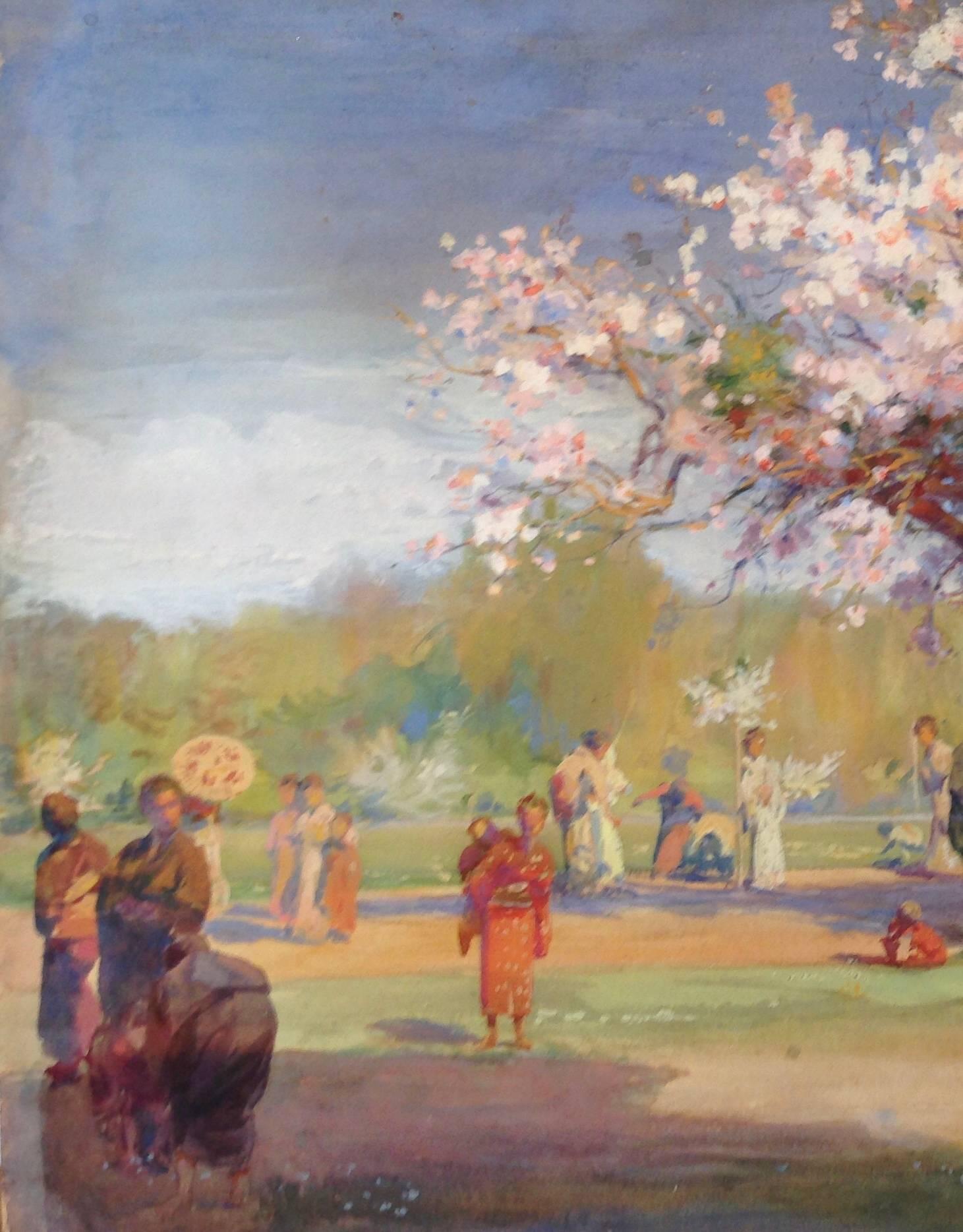 Aquarelle et gouache sur papier d'Albert Herter. Signé en bas à droite avec le dispositif de l'artiste 1895 
Ce travail a été réalisé lorsque Albert Herter était en lune de miel en Asie. 
Taille de la vue 30::48 x 45::72 cm. Dans l'ensemble:: dans