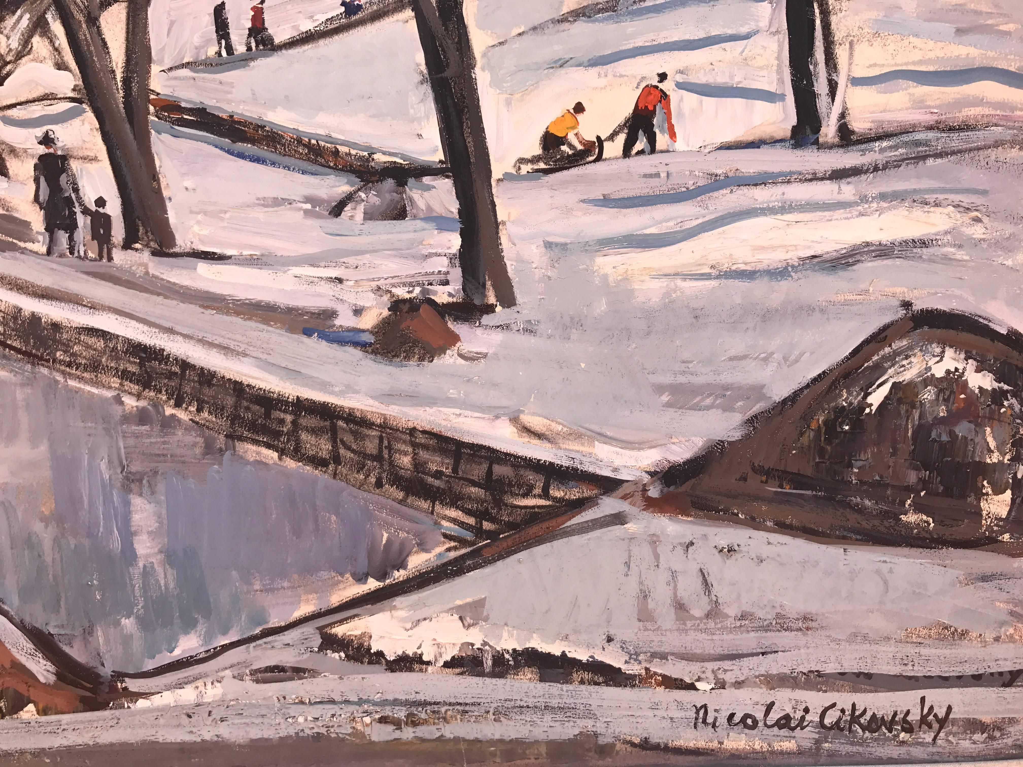 Oil on artist board of a winter day in "Central Park" in New York City by the Russian/American artist, Nicolai Cikovsky.  Signed lower right. In excellent condition. Circa 1960. Framed in contemporary silver leaf frame with linen liner. 
