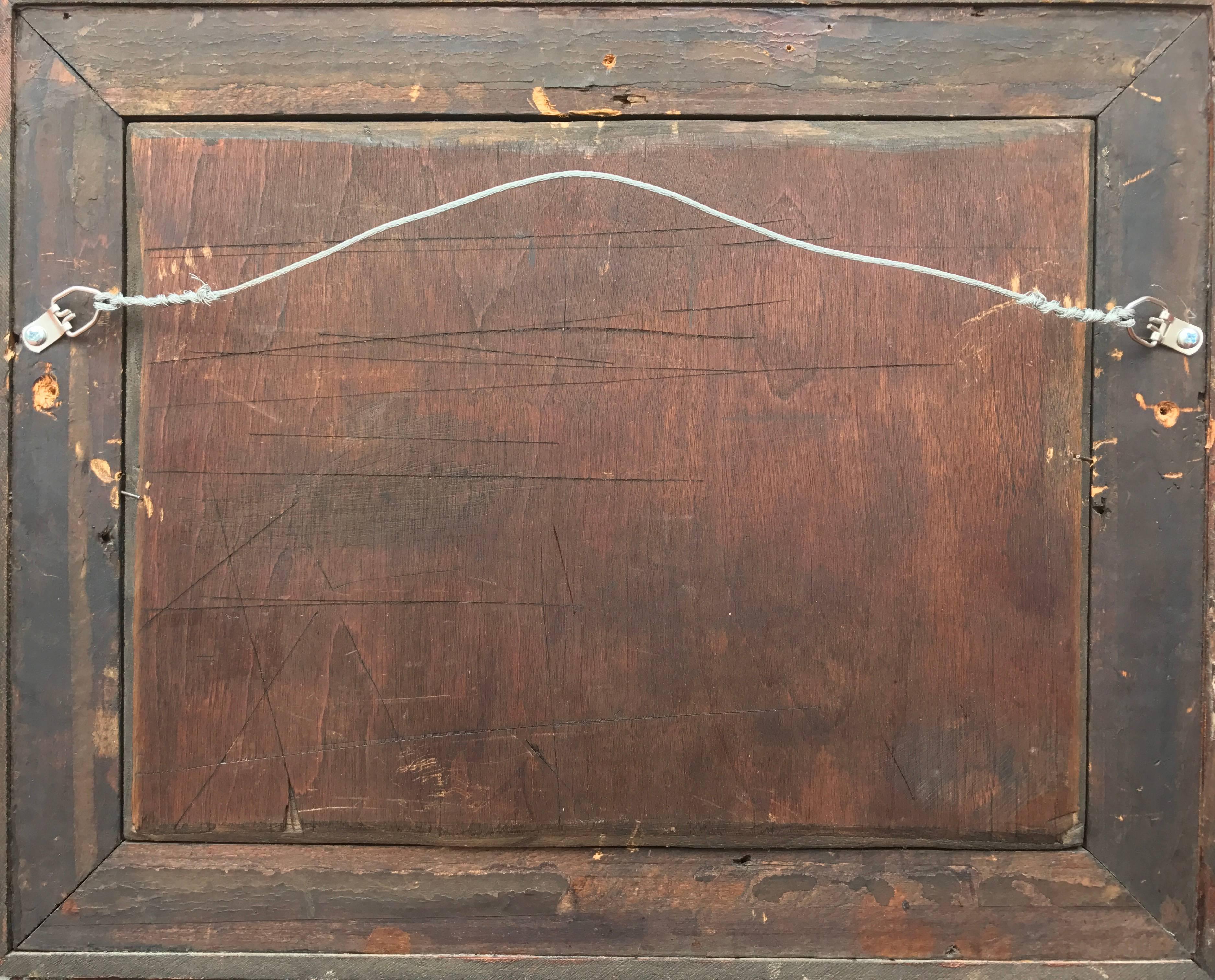 Puesta de sol en el río, del artista francés Leon Richet.  Óleo sobre panel de madera. Alrededor de 1885. Firmado abajo a la izquierda. Tamaño enmarcado 13,5 por 16,5 pulgadas.

Nacido en Solesme (Francia) en 1847, Léon Richet perteneció a la