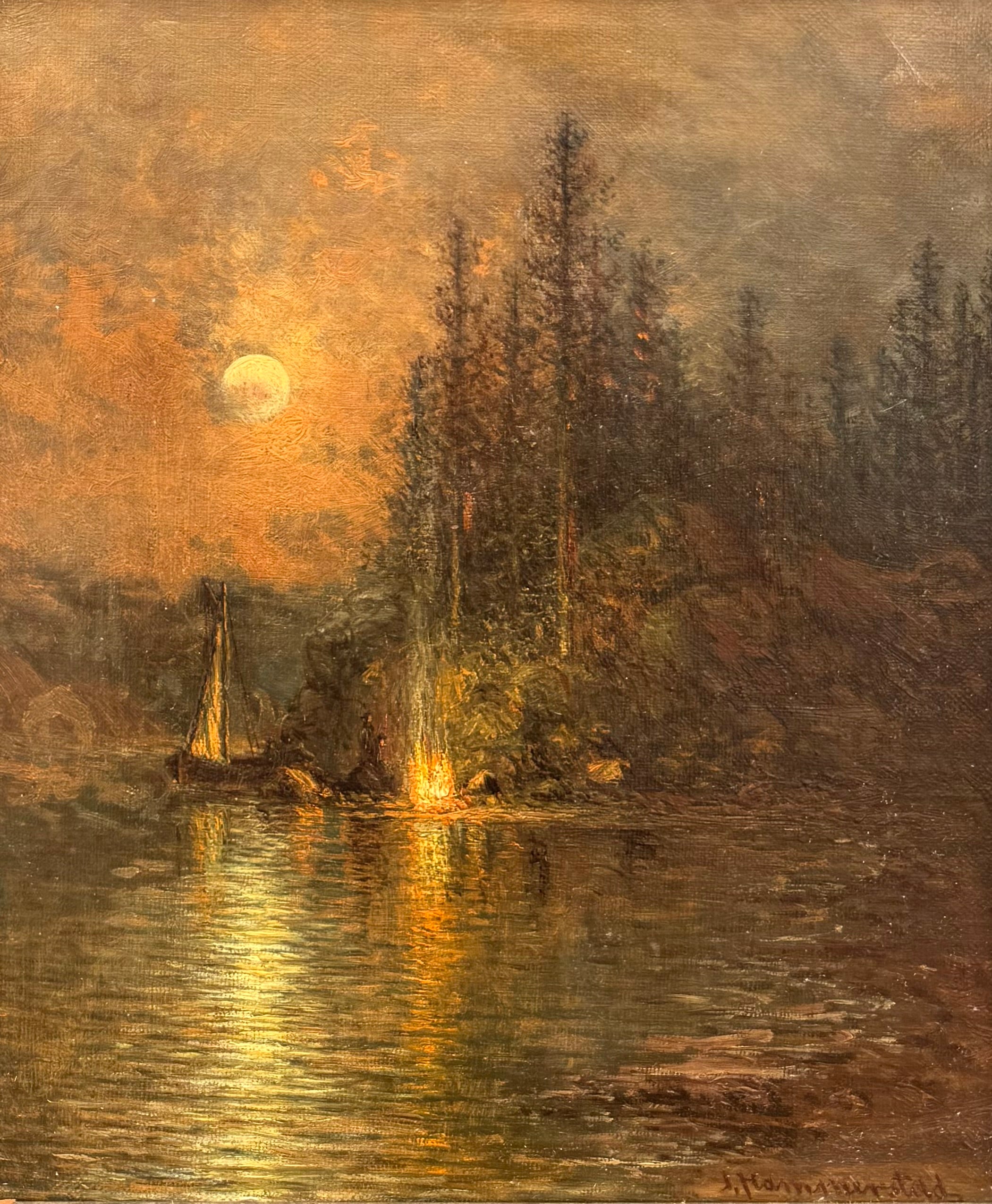 Johan Christian Olsen Hammerstad  Landscape Painting - “Nocturnal Moonlit Campfire”