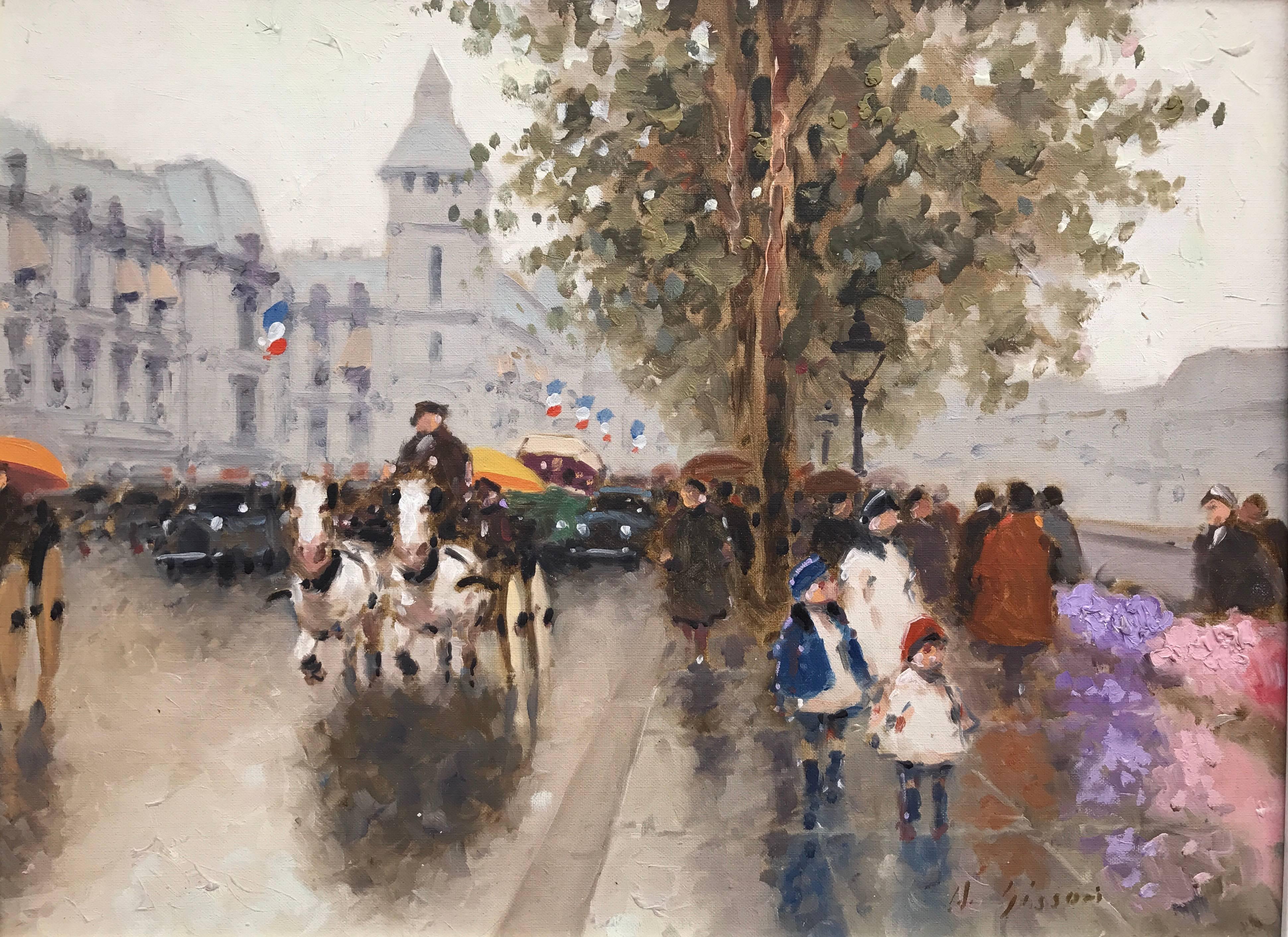 André Gisson Figurative Painting - "Flower Market along the Seine"