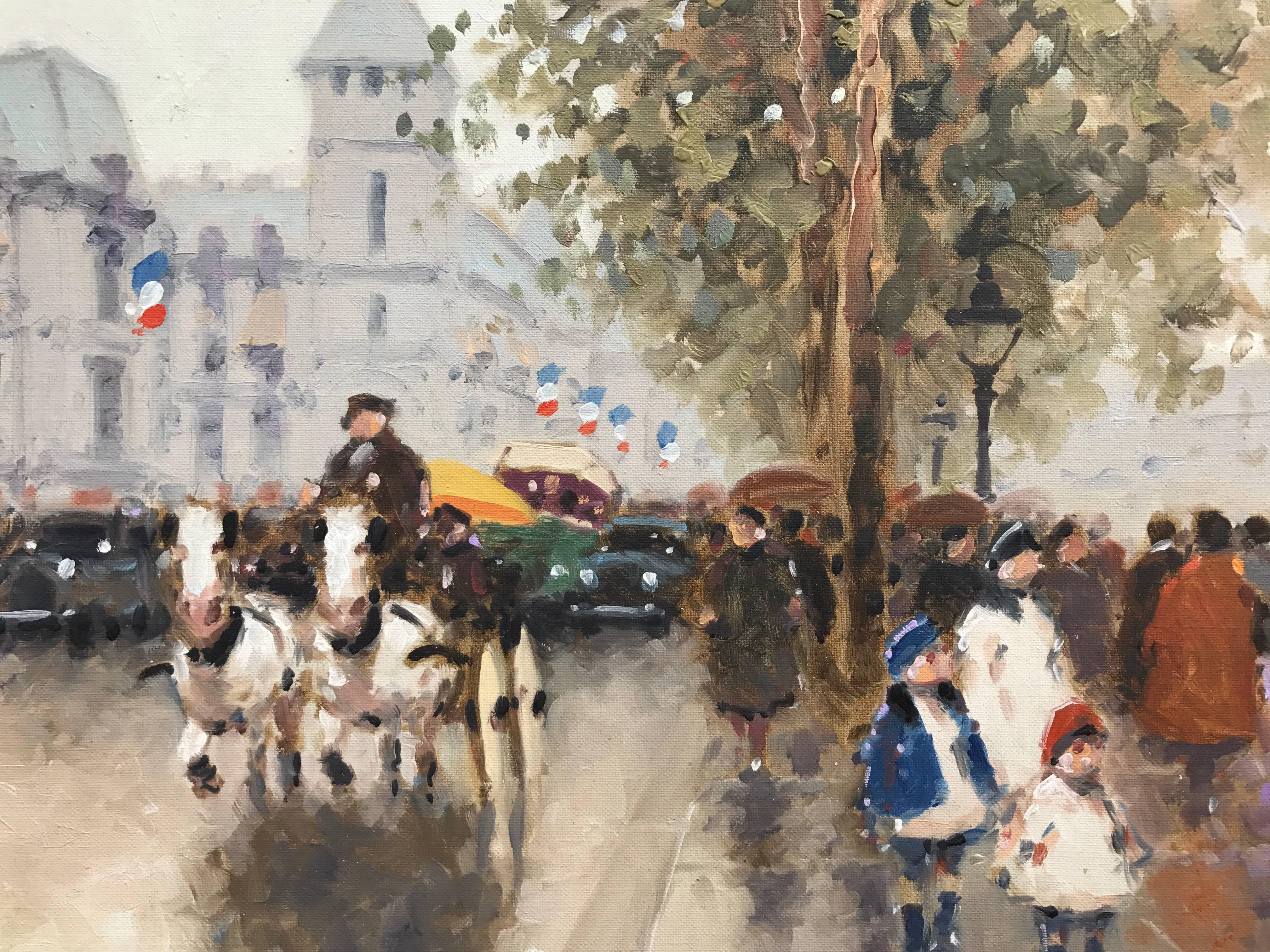 
Beautifully executed oil on canvas painting by Andre Gisson. Circa 1965. Signed lower right.  The painting dipicts the flower stalls along the Seine in Paris.  Overall in original gold over carved wood frame with grey and off white. wash 20 by 23